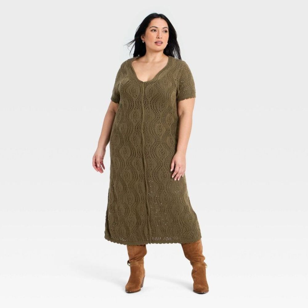 Women's Western Short Sleeve Scalloped Crafted Midi A-Line Dress - Brown 1X